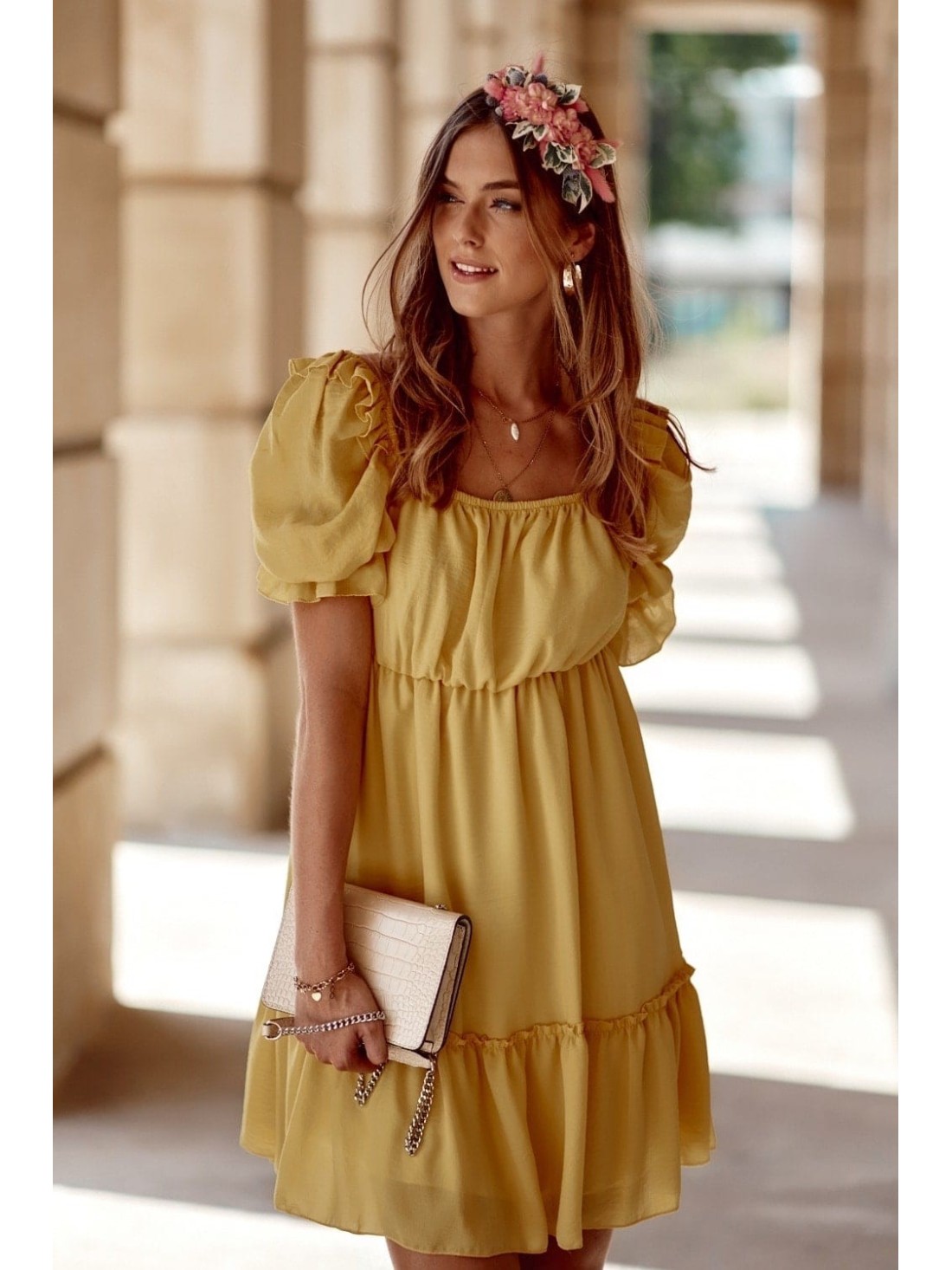 Smooth dress with ruffles, yellow 3056 - Online store - Boutique